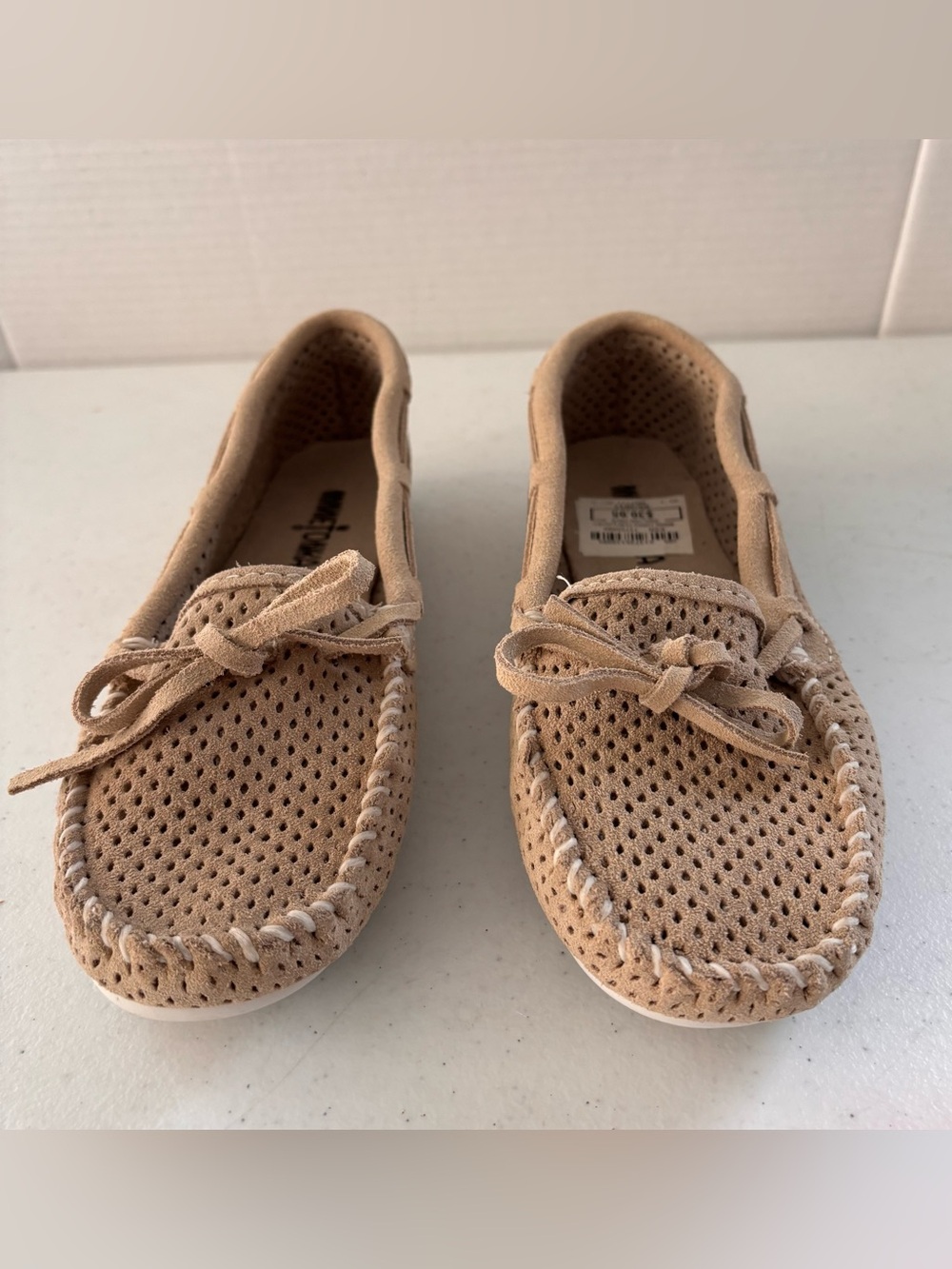 Minnetonka Perforated Suede Moccasins in Light Brown